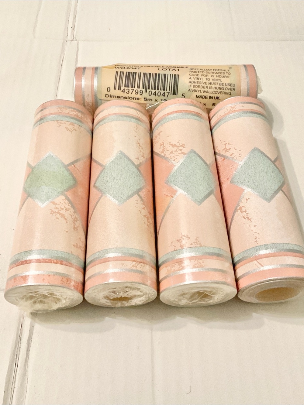 Vintage Wallpaper Border Lot 4 Full Rolls + Partial Pink Peach Gray Geometric